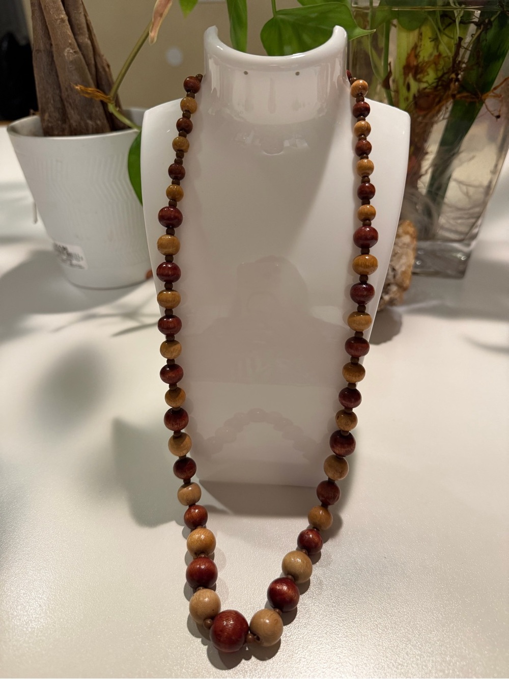 Handmade Two-Tone Wooden Bead Necklace - Brown & Tan
